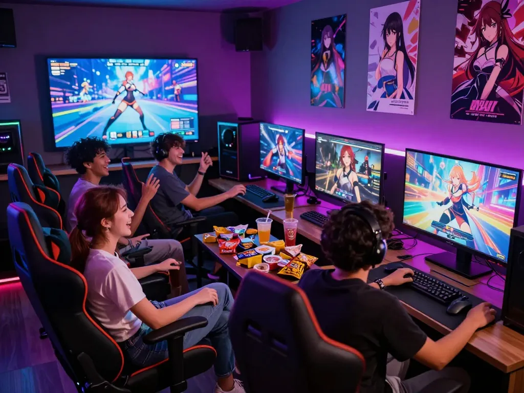 Friends enjoying a hentai game together in a vibrant gaming lounge atmosphere.