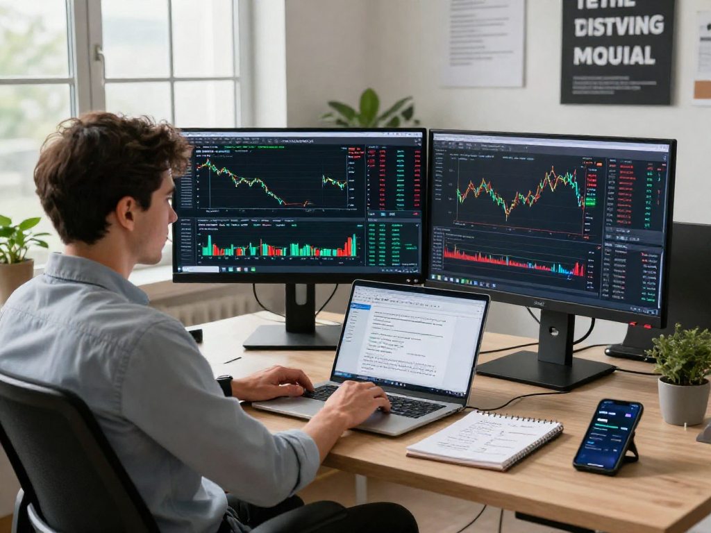 Trader using metatrader 5 on dual monitors in a professional workspace.