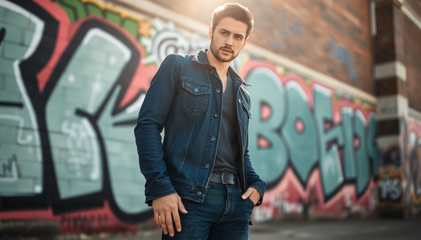 Model wearing premium denim jacket and jeans against an urban backdrop.