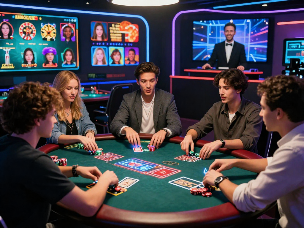 rokok88 online casino gaming scene with players at virtual poker table, vibrant atmosphere and technology.