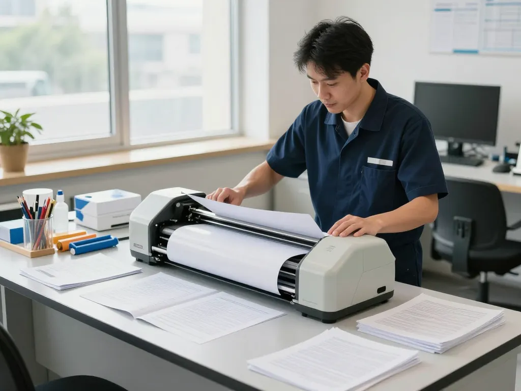 Expert service in dịch vụ bóc ép plastic with technician safely removing laminated documents in a professional office.