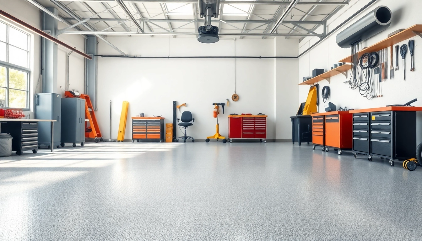 Installing durable garage floors in a well-lit workshop, highlighting craftsmanship and quality.