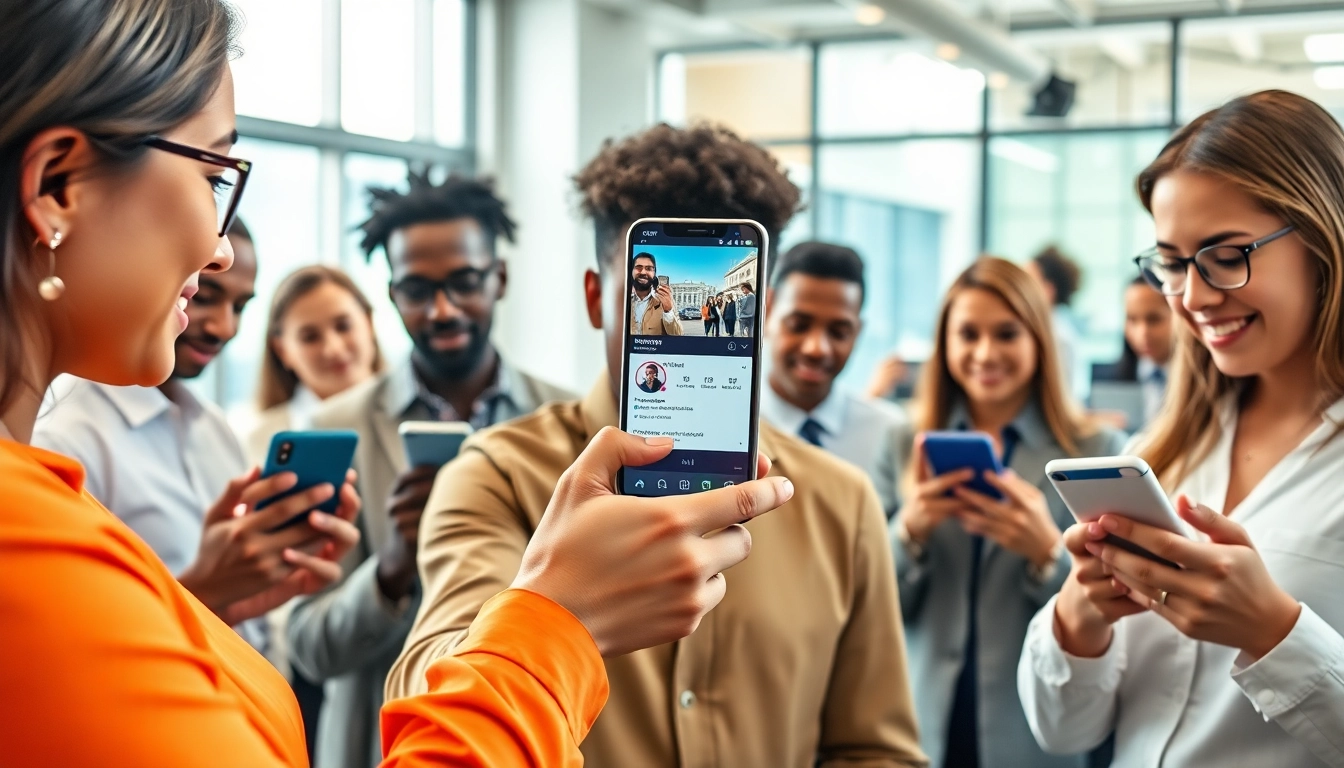instagram フォロワー 買うと増やすテクニックを示す、スマートフォンを操作する人々のシーン。