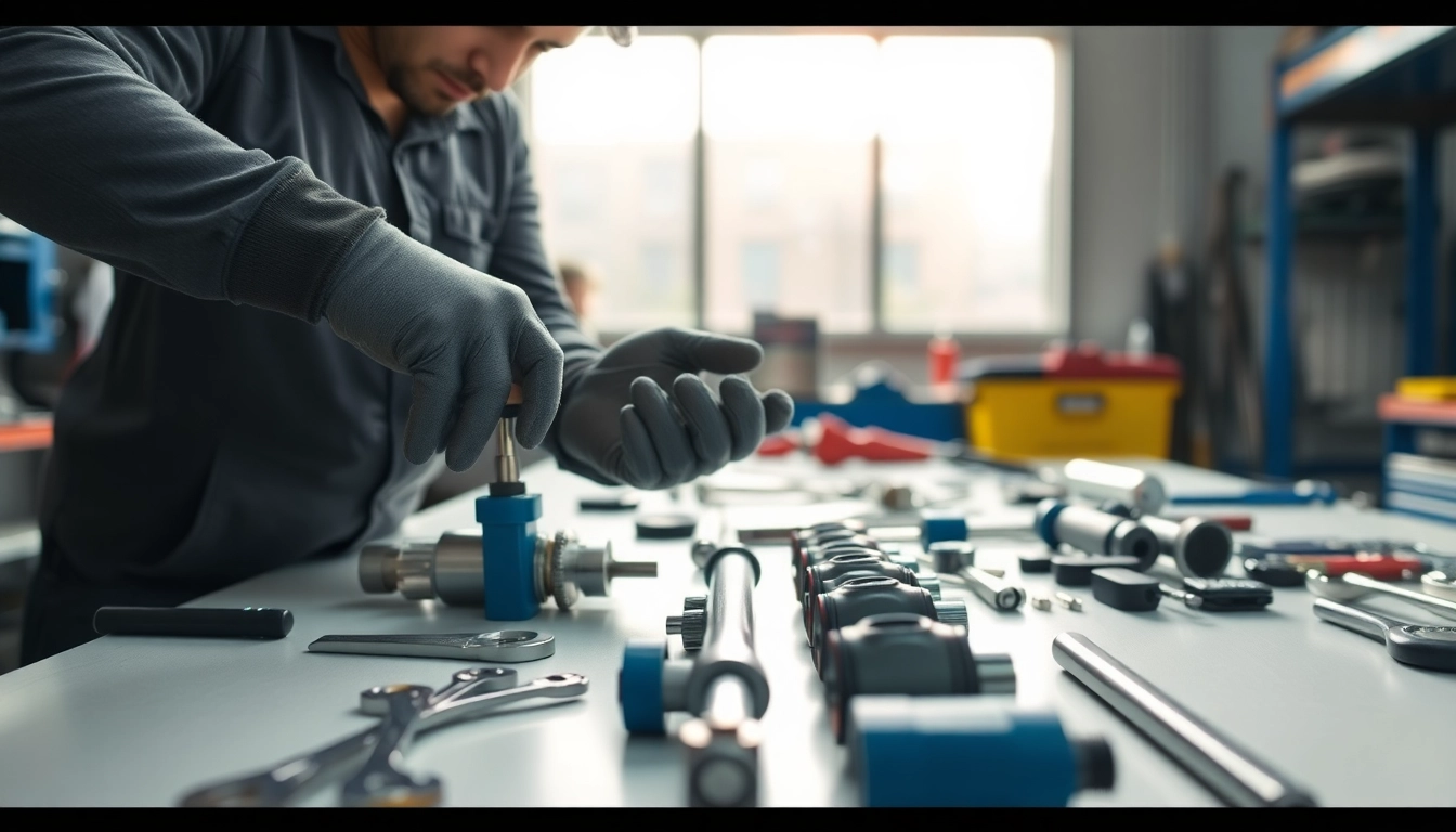 Engaging hydraulic cylinder repair setup showcasing a technician at work with essential tools.