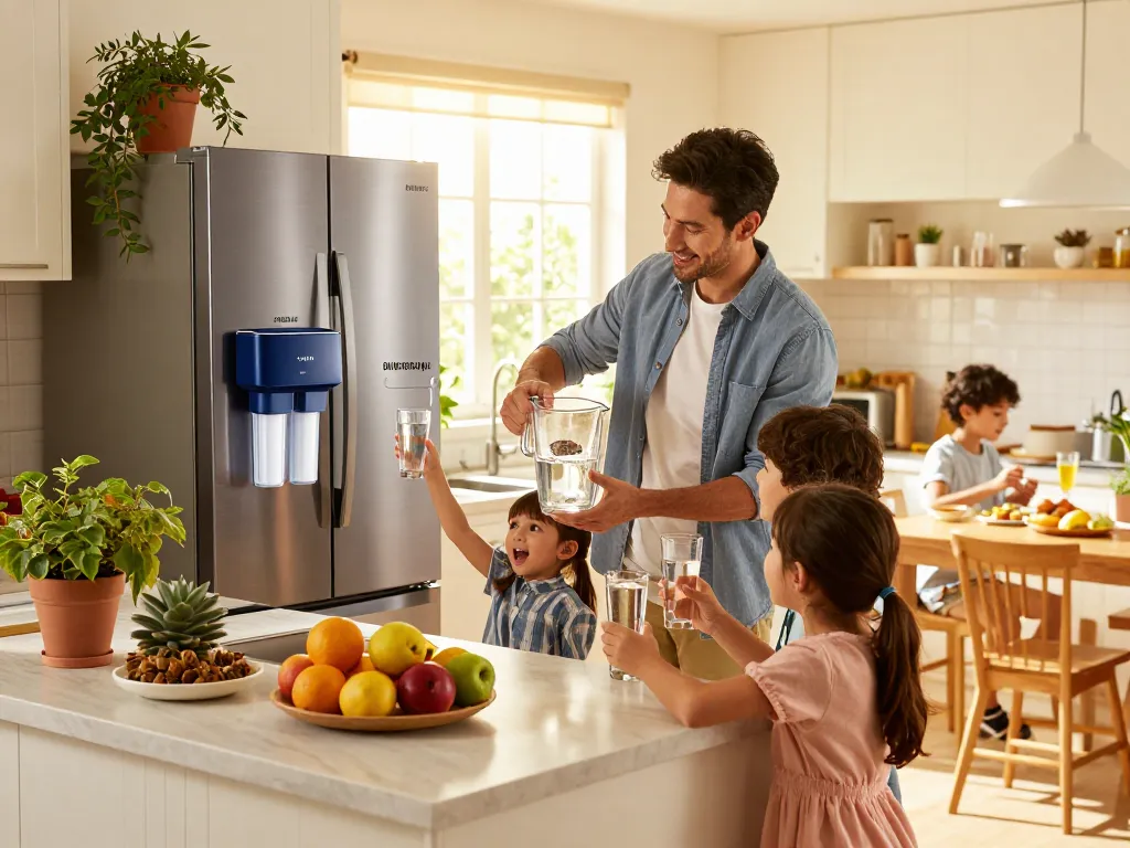Waterdrop Replacement for Samsung® DA29-00003G filter used by a family in a bright kitchen making refreshing water