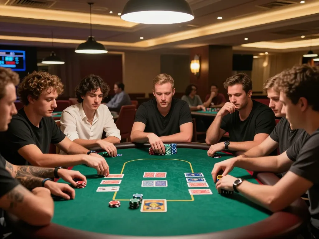 Pemain yang merancang strategi di meja poker di kasino mewah, menangkap kegembiraan bermain di mau777.