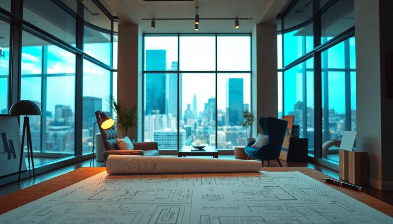 Residential Architect Boston highlights a designer's workspace with blueprints and skyline views.