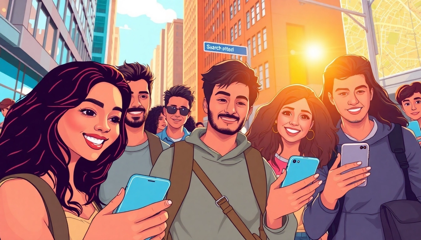 Explore OnlyFans Nearby Creators in a vibrant urban setting with engaged individuals using smartphones.