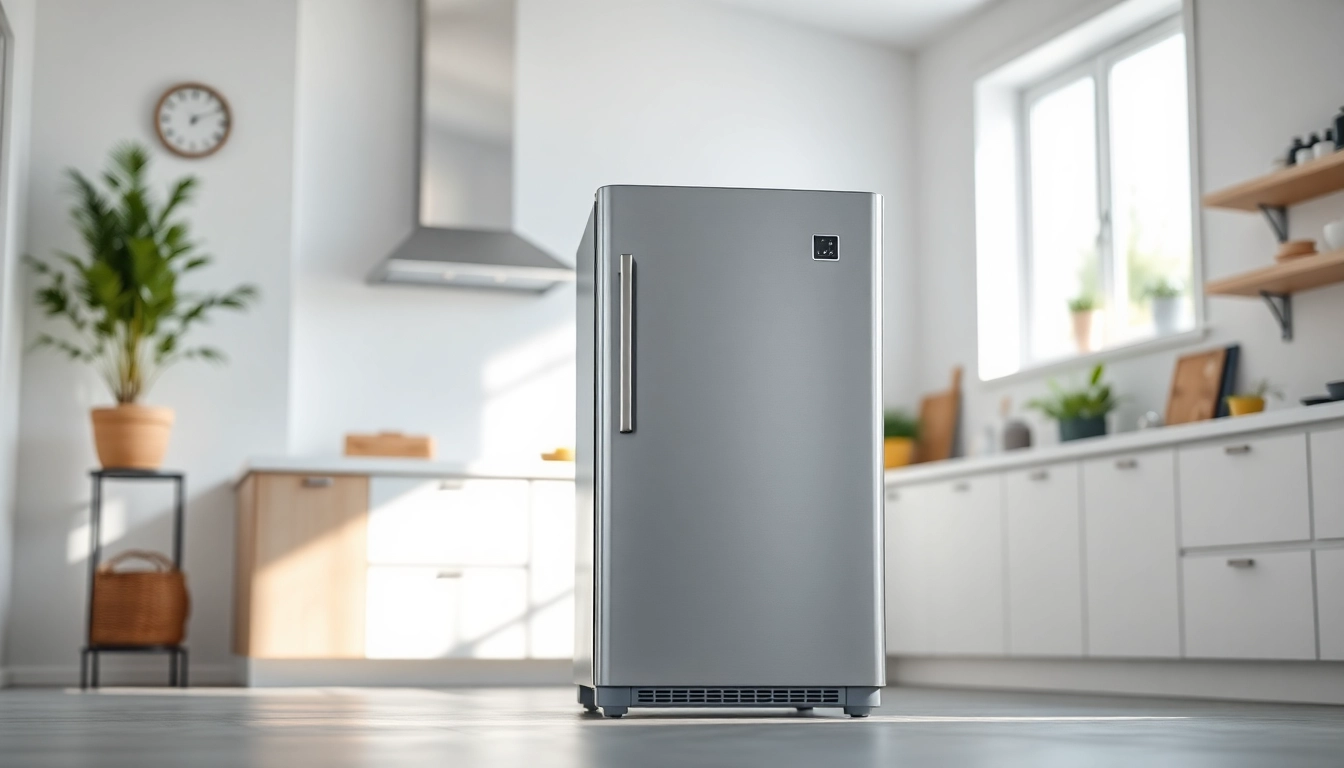 Showcase an affordable mini fridge and freezer elegantly placed in a bright kitchen.