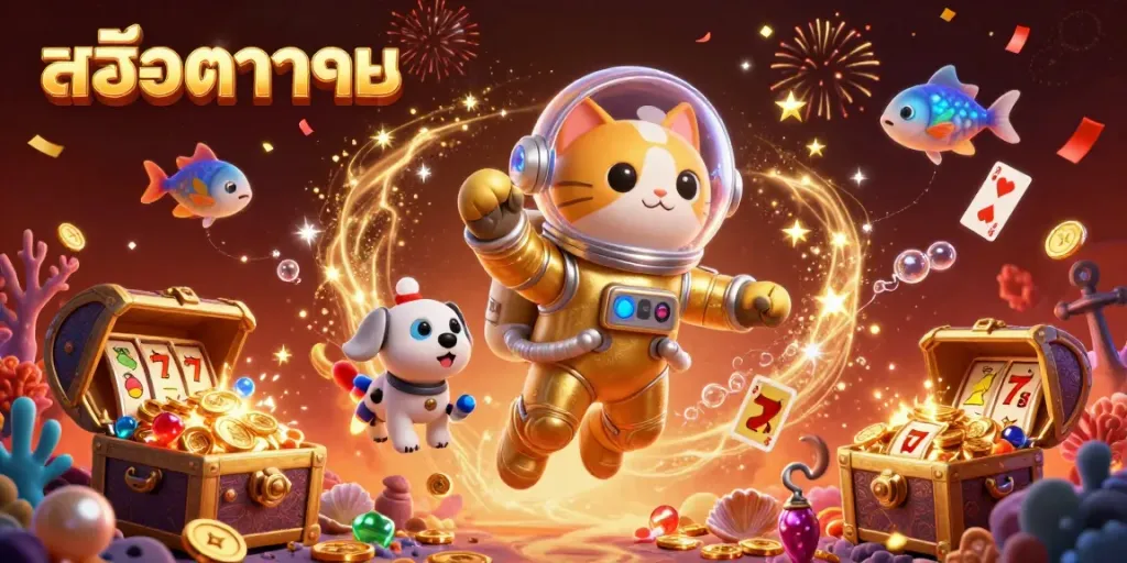 Engage with สล็อตทดลอง in a vibrant 3D cartoon scene, featuring a cat astronaut and robot dog among casino symbols.