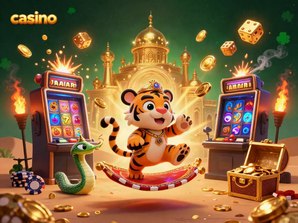 Experience the thrill of casino games with a vibrant 3D illustration featuring a tiger sultan on a magical carpet.