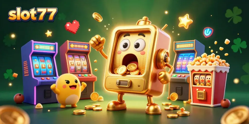 Slot777 menangkan jackpot dengan mesin slot emas menampilkan koin berjatuhan dan suasana menyenangkan.