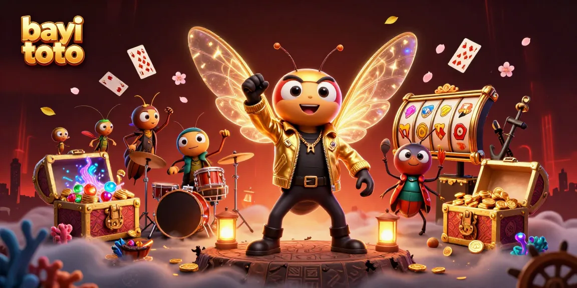 Bayi toto thrilling slot action with cartoon characters celebrating amidst gold coins and glowing gems.
