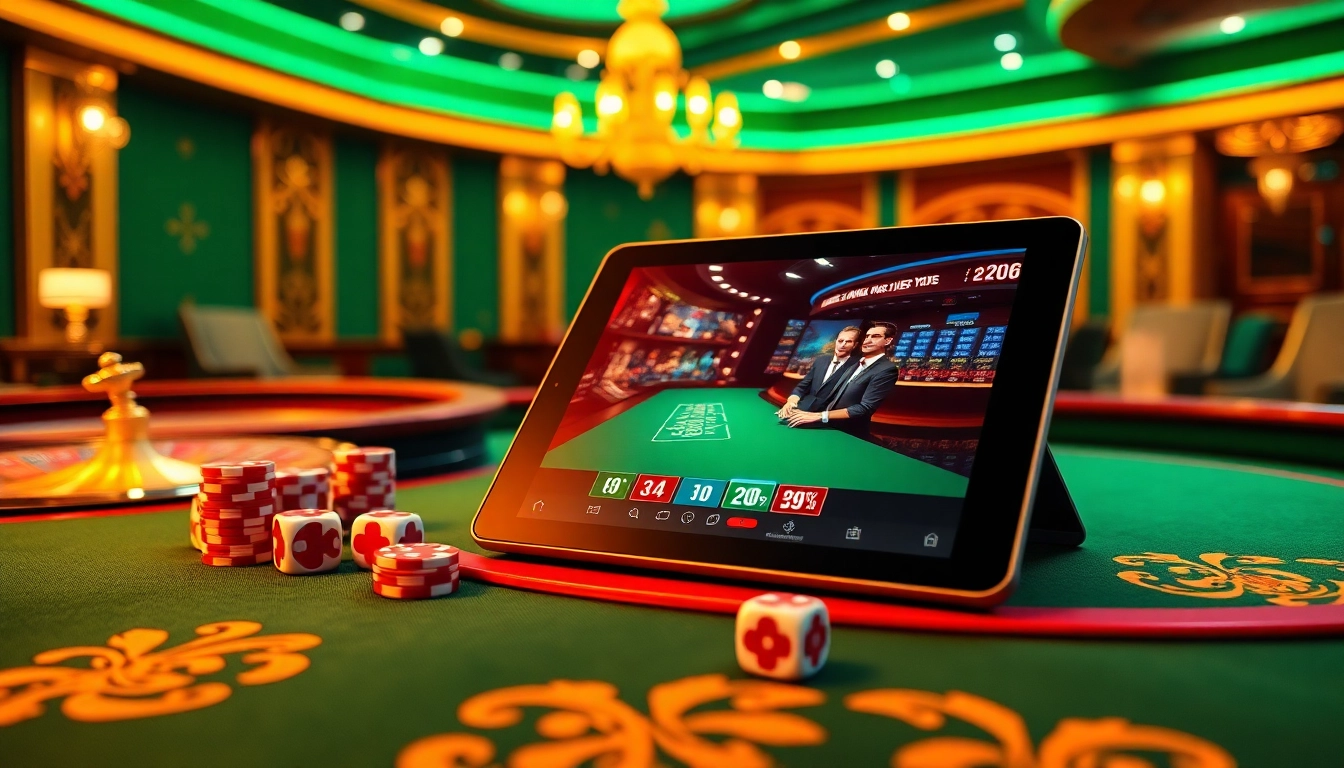 La scène vibrante du jeu en ligne en 2026, mettant en avant une tablette élégante sur une table de casino luxueuse avec des roues de roulette et des jetons de poker.