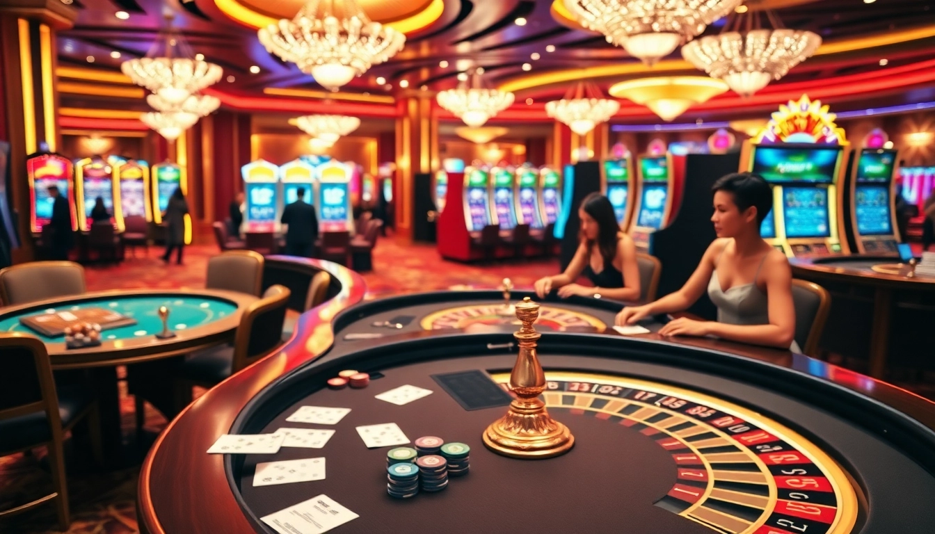Scène excitante de joueurs de casino en ligne 2026 profitant du poker et de la roulette au milieu de lumières éblouissantes.