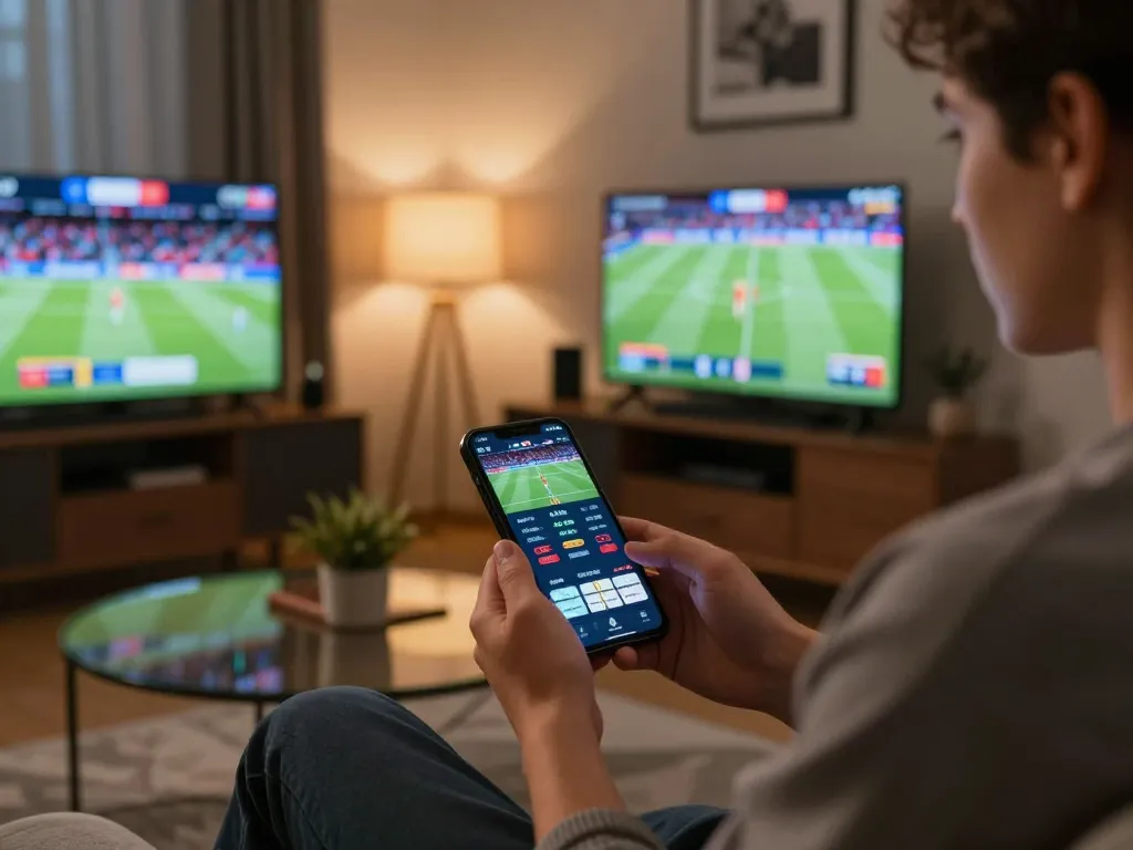 Person using a mobile app for betting on siti scommesse esteri, focused on sports events with multiple screens in view.