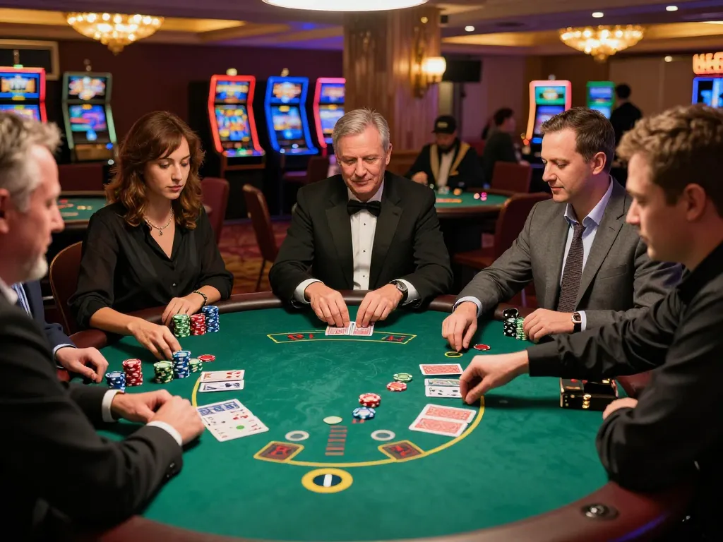 Players enjoying a strategic game of blackjack at a lively casino table, showcasing excitement and tactics in sunwinapk.