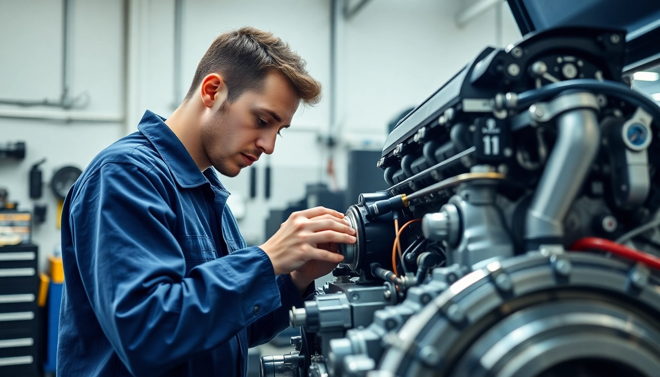 Technician examining Approved Engines with precision tools in a bright, modern workshop.