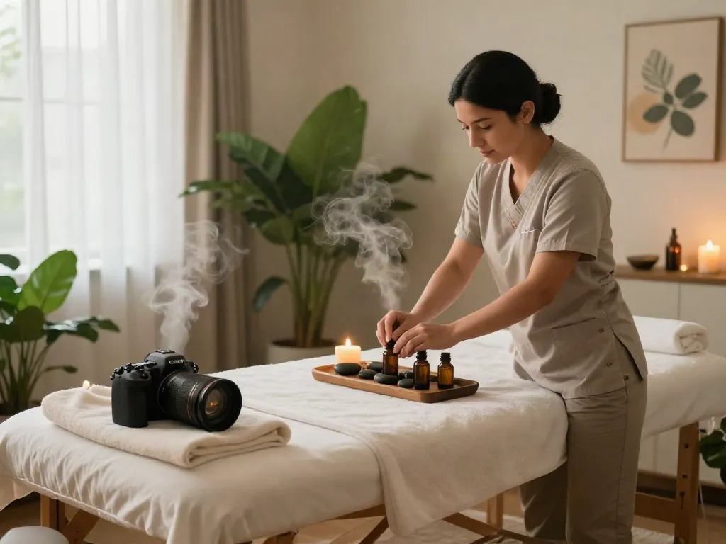 중랑구출장마사지 setup with professional therapist preparing soothing oils in a tranquil spa environment.
