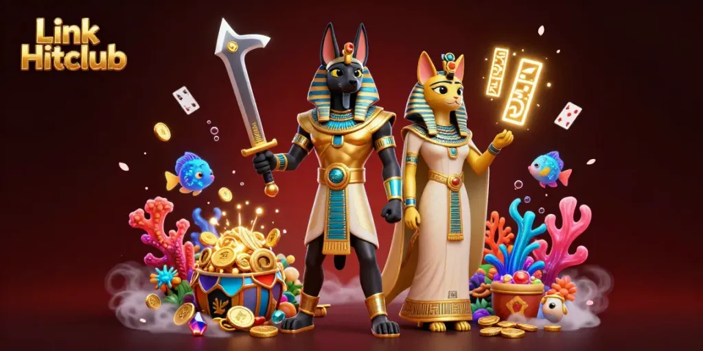 Experience thrilling adventures at Link Hitclub with vibrant gaming elements and ancient Egyptian characters.