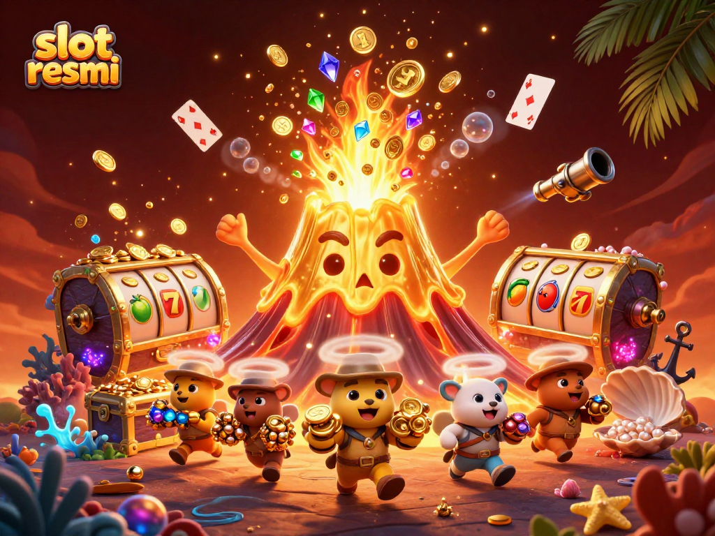 Experience thrilling wins and jackpots in slot resmi with golden volcano erupting in a treasure-filled scene.