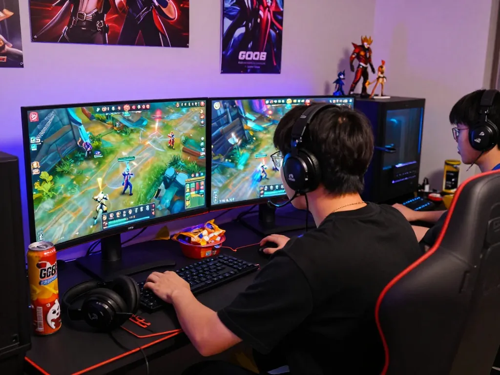 Engaged gamer immersed in Go88 game session with vibrant dual screens, snacks, and competitive atmosphere.