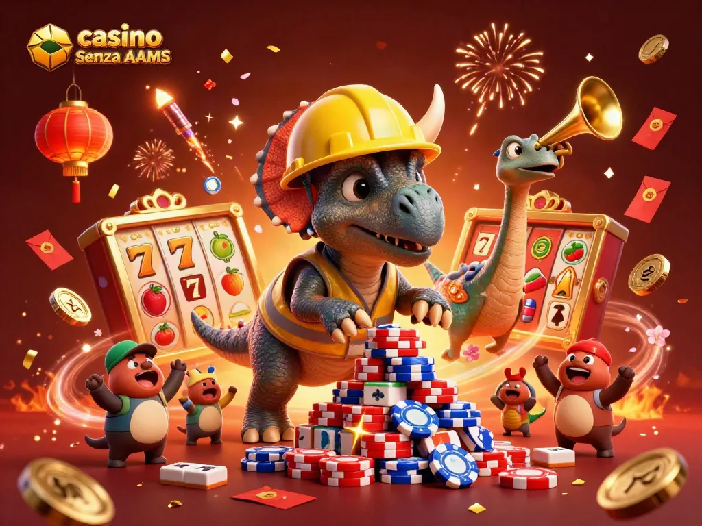 Scopri casino senza AAMS: triceratopo e parasaurolophus celebrano con poker e simboli d'azzardo.