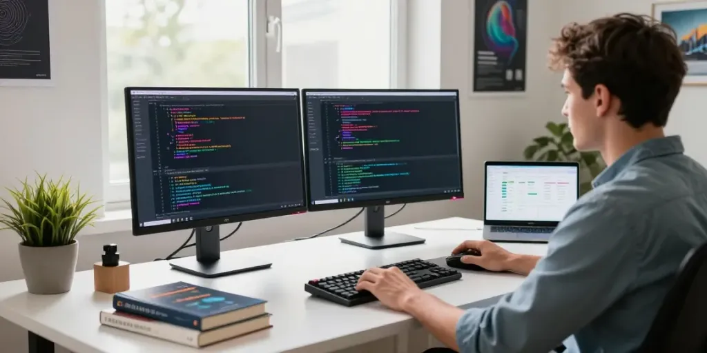 Developer using Notepad++ in a modern workspace with dual monitors and vibrant coding displayed.