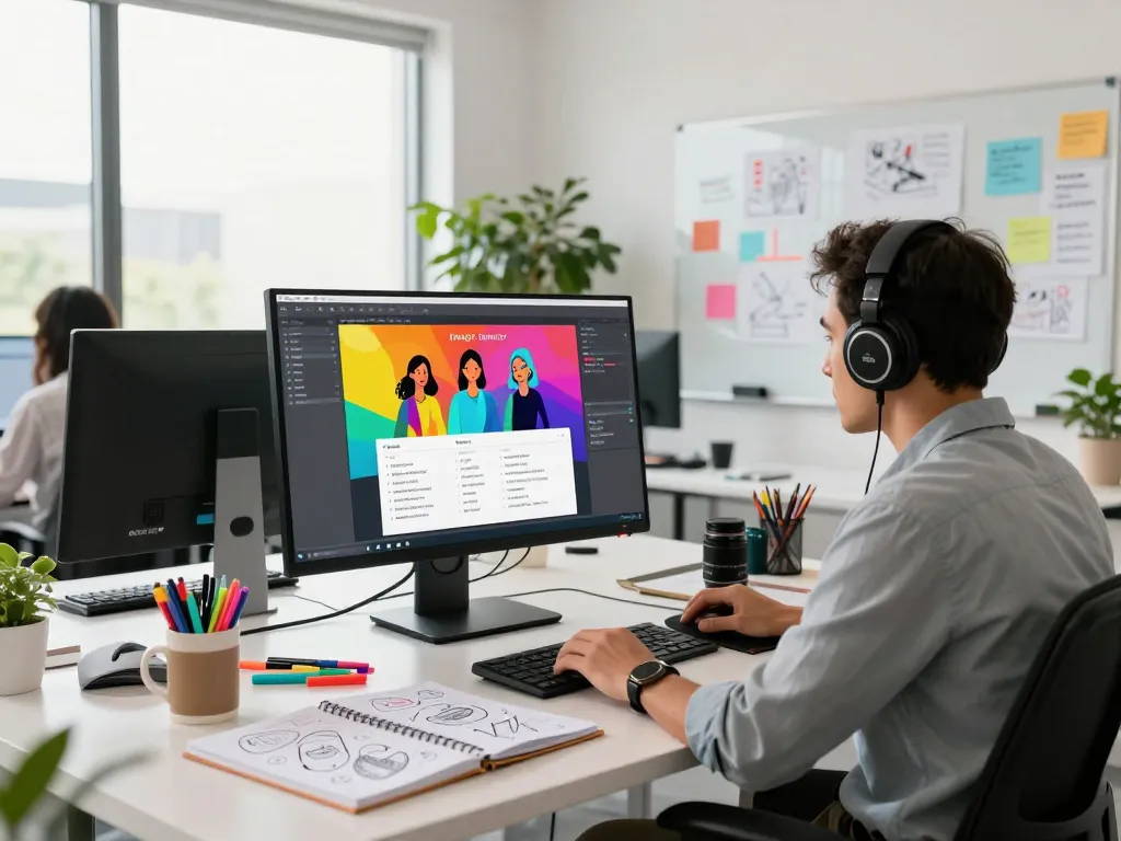 A dynamic workspace featuring a graphic designer using an image to prompt generator with colorful digital interface and creative tools on desk.