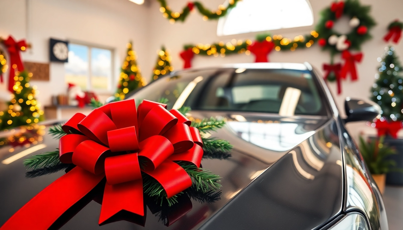 Celebrate the season with a Christmas car detailing gift, featuring a shiny vehicle and festive decor.