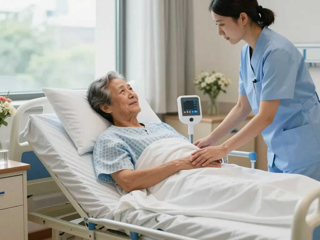 giường bệnh nhân in a caring hospital environment with nurse and patient, showcasing comfort and support