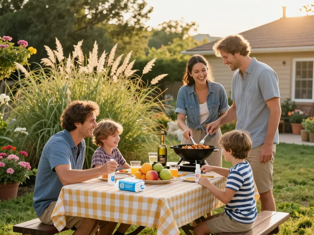 A family enjoying a summer barbecue, featuring mosquito repellent spray on the table for protection against bites.