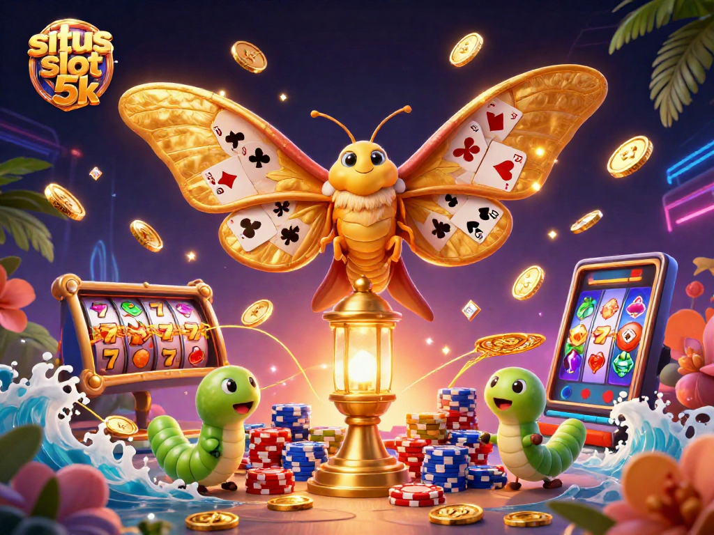 Experience situs slot 5k with the majestic atlas moth in a vibrant casino scene.