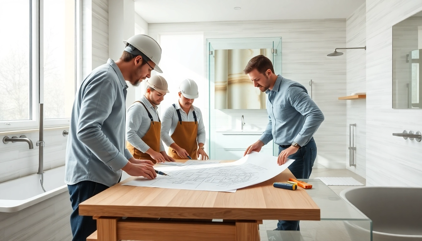 Bathroom builders discussing a renovation project, showcasing teamwork and professionalism.
