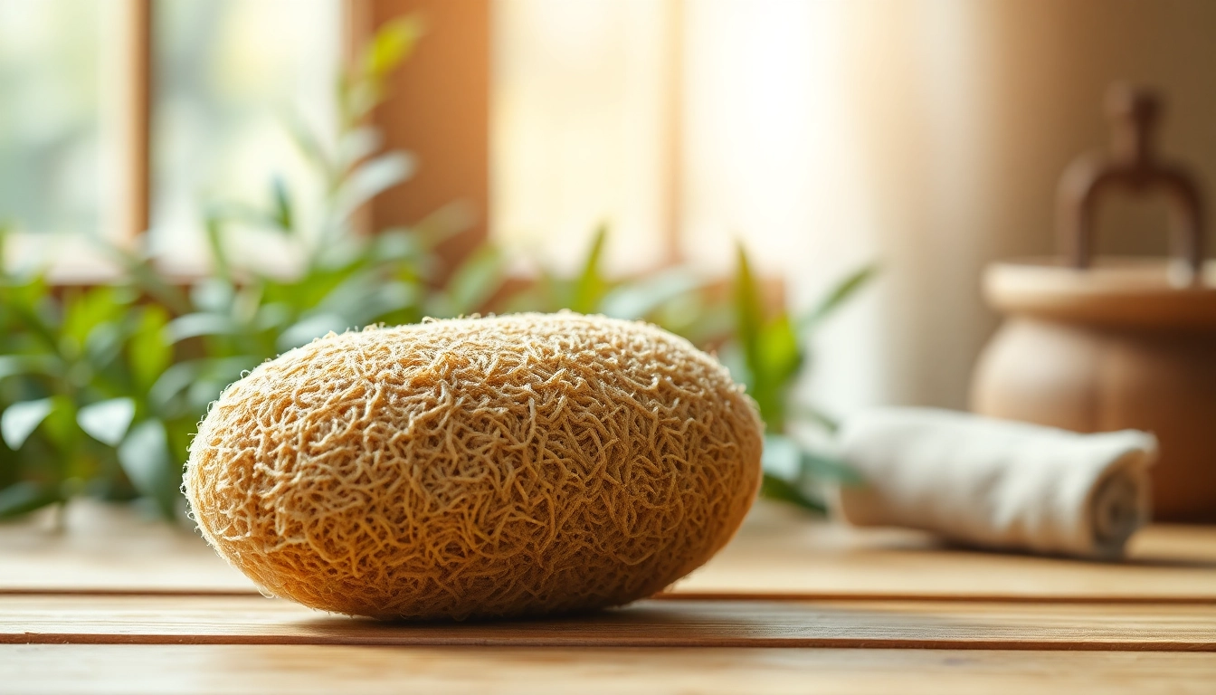 Natural raw loofah sponge on wooden surface highlighting its unique texture and eco-friendly appeal.