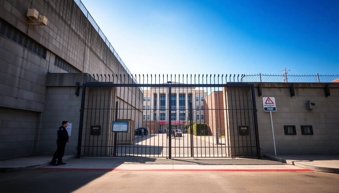OC Jail security entrance showcasing guard and visitors amidst a serious urban backdrop