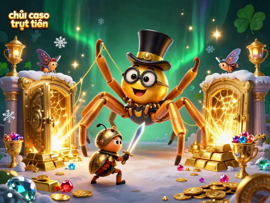 Chơi casino trực tuyến với con nhện vàng khổng lồ và hiệp sĩ bọ beetle, nhấn mạnh trong bối cảnh ảo diệu.