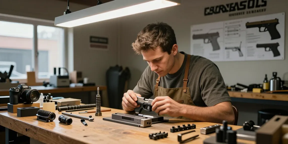 Craftsman at https://precisionglockslides.com assembling a custom Glock slide in a detailed workshop.