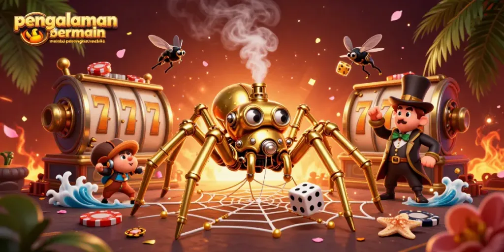 Visualisasi pengalaman bermain melalui perangkat mobile dengan elemen kasino dan slot, penuh dengan warna dan detail menarik.