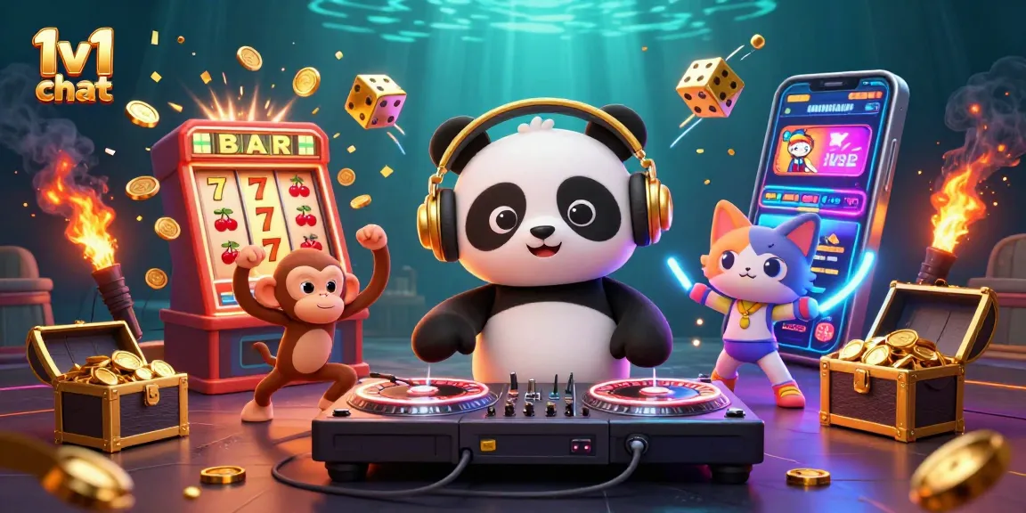 Engage in thrilling 1v1 chat with animated characters in a vibrant casino-themed illustration.