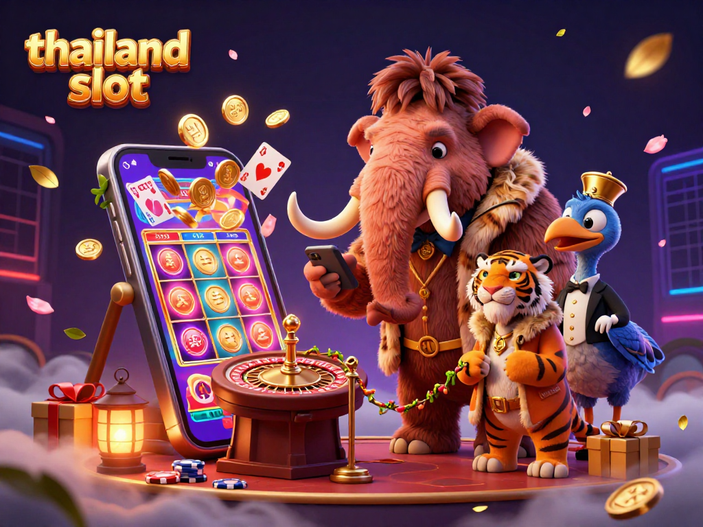 Experience thrilling action with thailand slot, where a cartoon woolly mammoth bouncer checks IDs while surrounded by vibrant gambling elements.