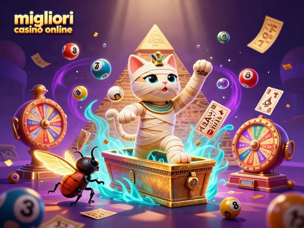 Scopri i migliori casinò online con un gatto mummia egiziano che esce da un sarcofago, circondato da elementi dinamici del gioco.