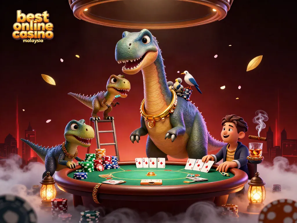 Experience the excitement at the best online casino Malaysia with a lively scene featuring a giant brontosaurus and a clever raptor.