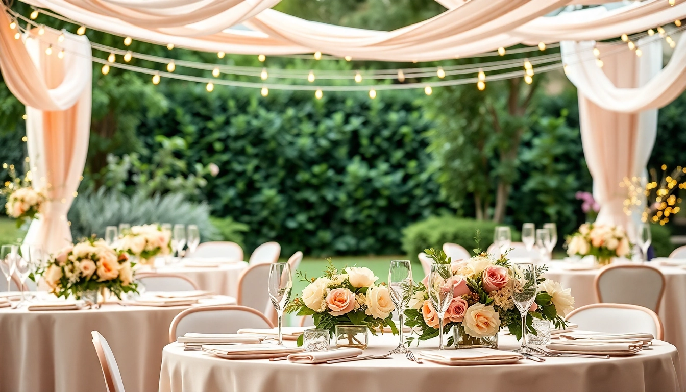 Decorative wedding & event rentals featuring elegant tables and floral arrangements in a garden setting.