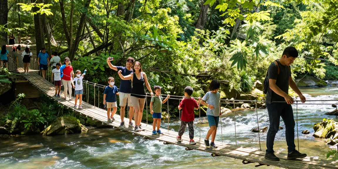Adventurous group crossing a River Rope Bridge surrounded by lush greenery.