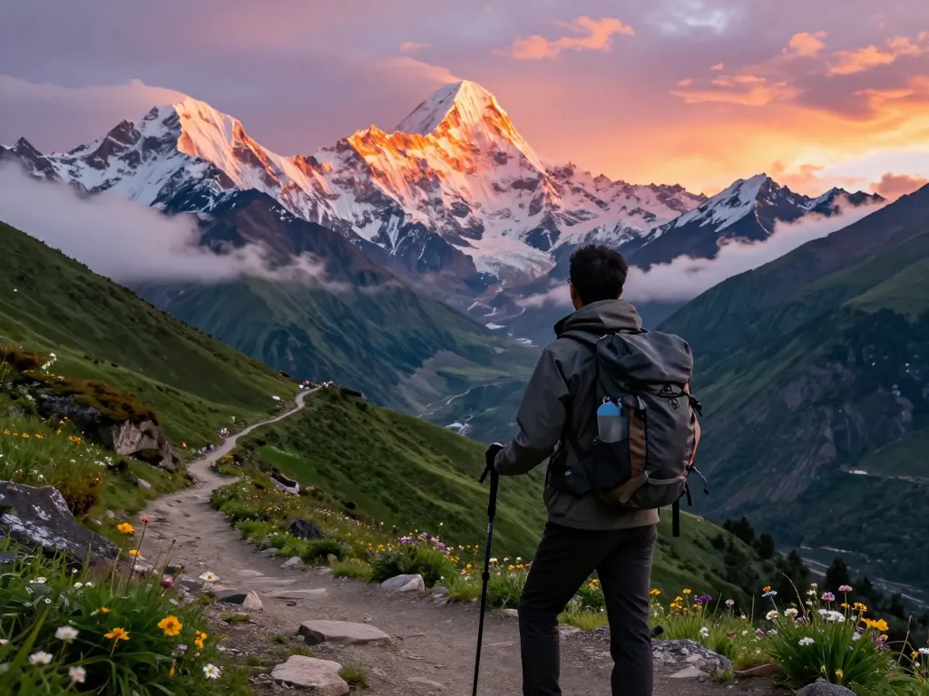 Annapurna Circuit trekking scene with a traveler admiring sunset views over majestic mountains, embodying adventure and exploration.