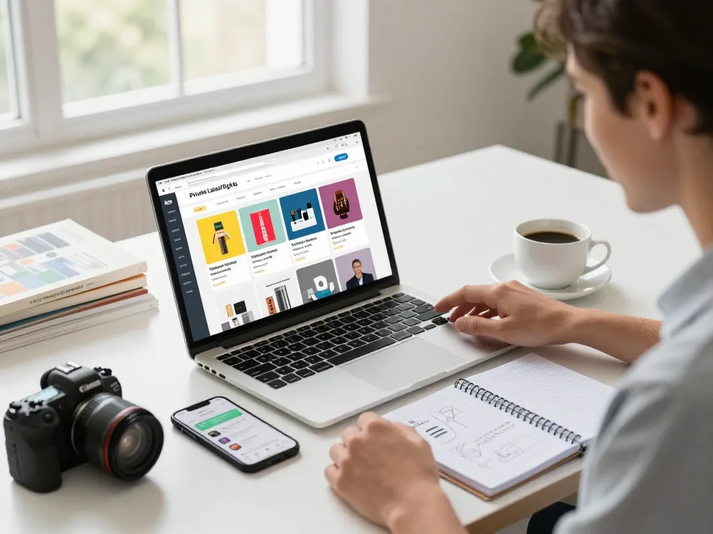 Buy Private Label Rights Products with a motivated entrepreneur exploring digital goods in a bright workspace.