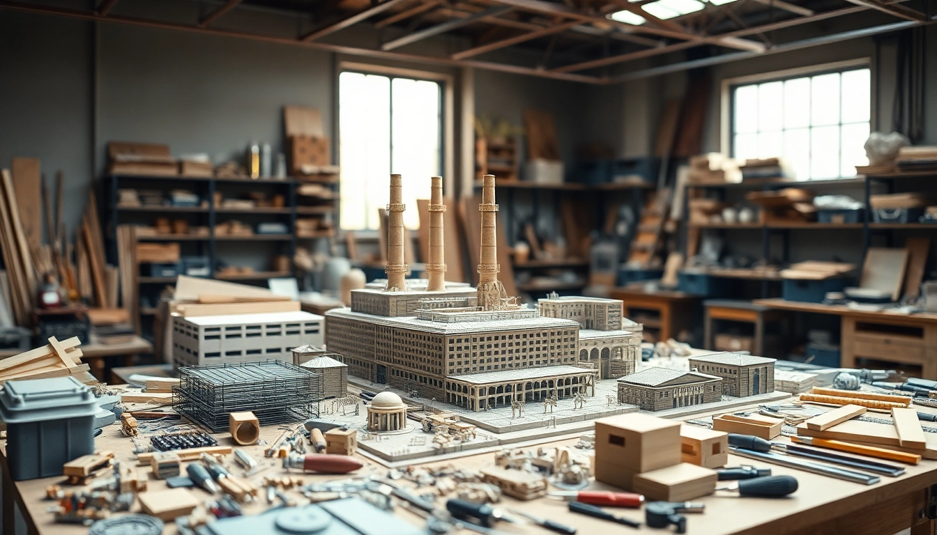 Industriemodellbau auf einem Werkbank voller Werkzeuge und Materialien, detailliertes Fabrikmodell.