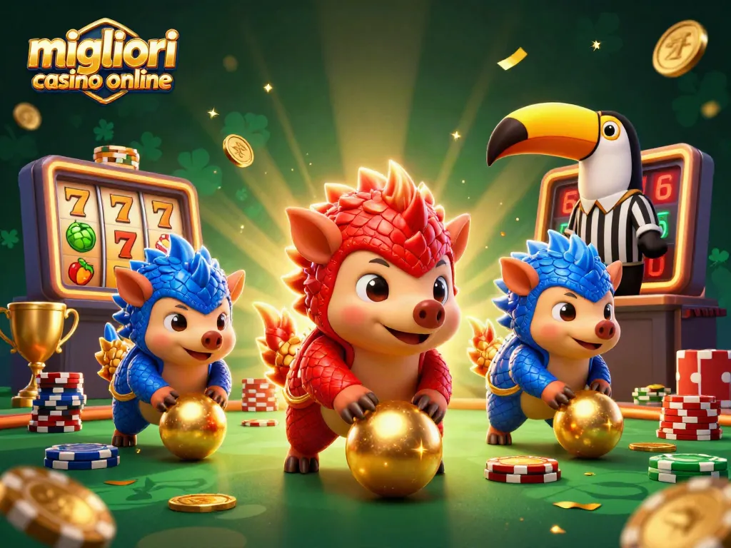 Scopri i migliori casino online con un'illustrazione divertente di pangolini rivali che giocano tra chip e slot con jackpot.