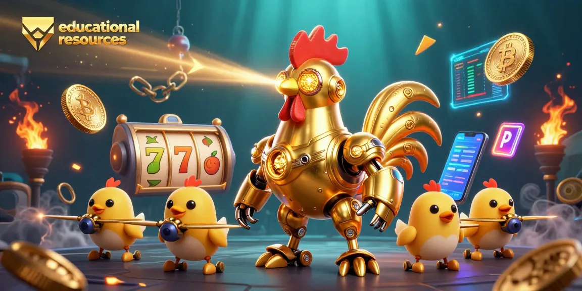 Engage with educational resources in this vibrant casino-themed 3D illustration featuring a golden robot.